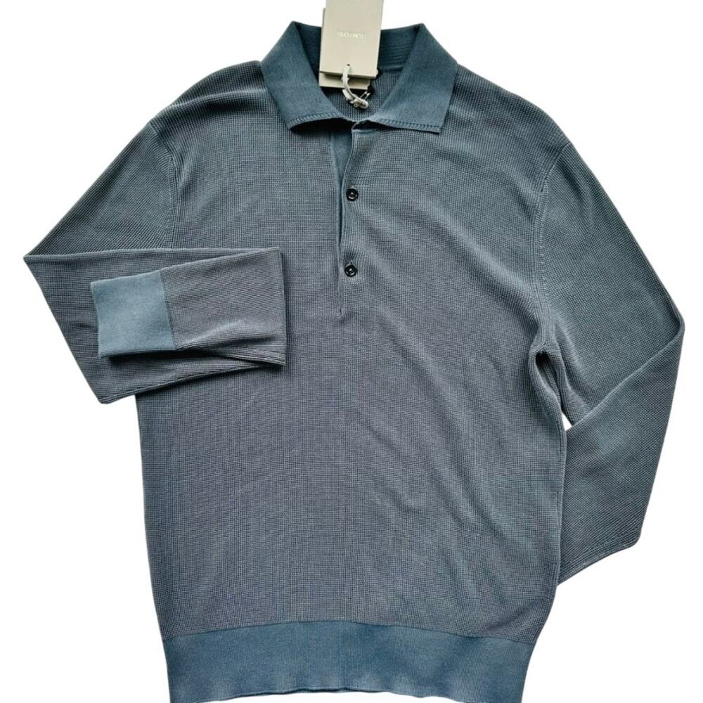 TOM FORD Men's Long Sleeve Polo Silk Cotton NEW Size 50 Steel Blue Grey Luxury